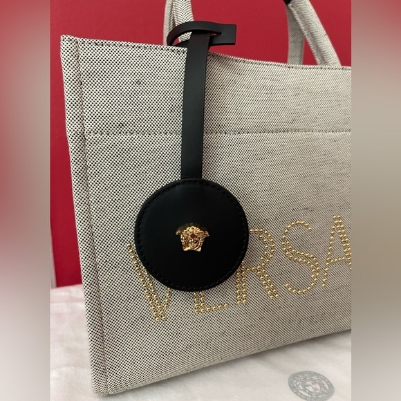 Versace Beige Canvas Tote Bag with Studded Logo Medusa Charm Unisex Shoulder Bag - Picture 11 of 16